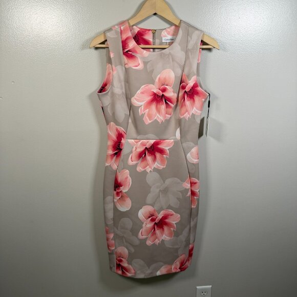 Calvin Klein Floral Scuba Sheath Dress Size 8 Pink Wedding Work Career Stretch - Picture 1 of 10